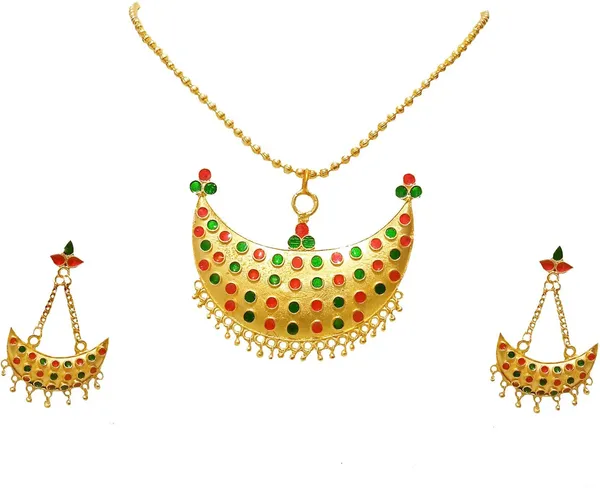 Assamese_Traditional_Gold_Plated_Red_Green_Colour_Joonbiri_Chain_Jewellery_Set_For_Women